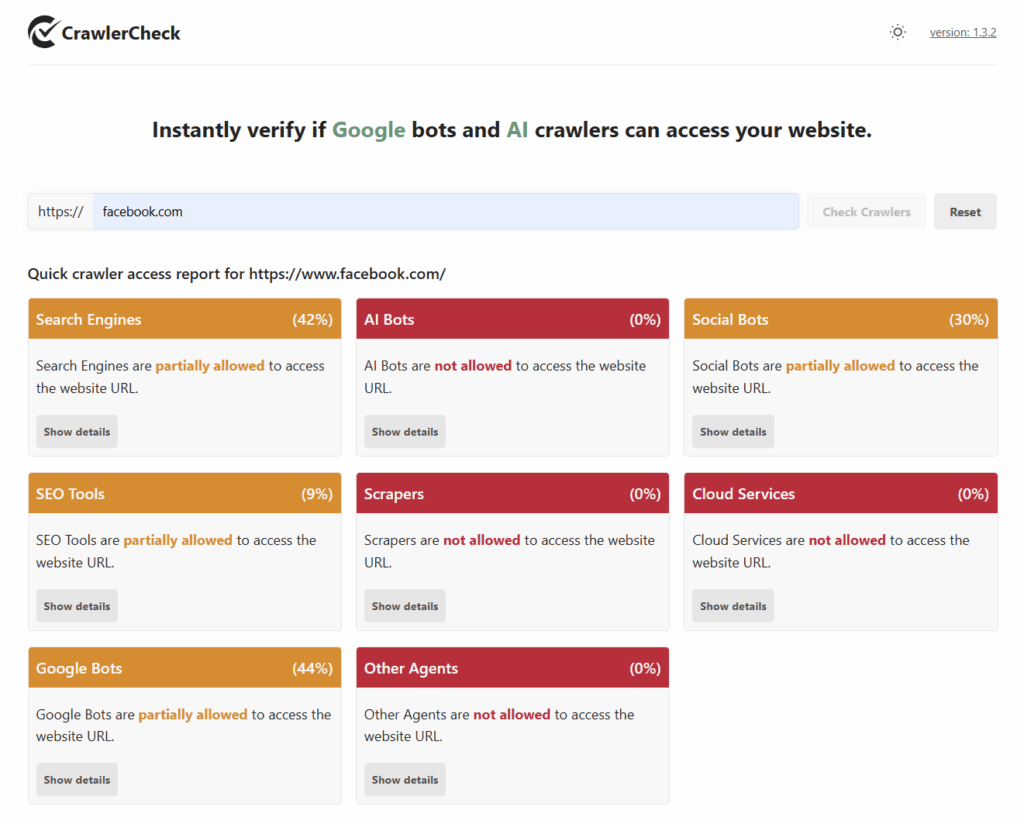 crawlercheck.com in action - checking the crawler accessibility of facebook.com
