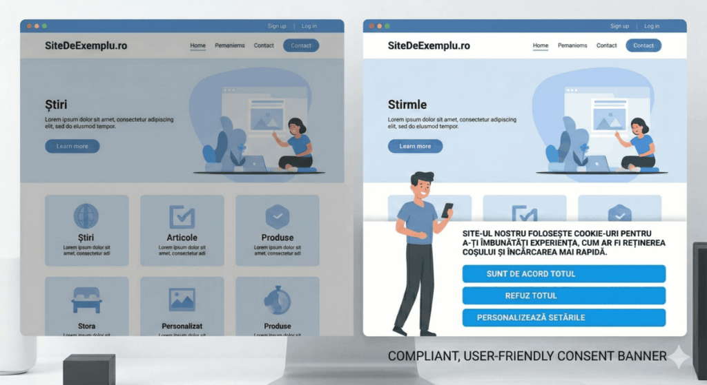 Compliant consent banner, GDPR standards, visual parity, equal Reject button, user empowerment, ANSPDCP compliance. - Attila Bogozi blog article
