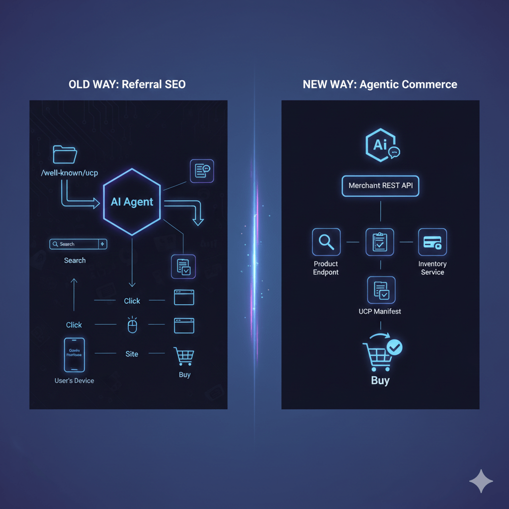 Split-screen infographic comparing a traditional multi-step web search funnel with a streamlined AI agent checkout process.