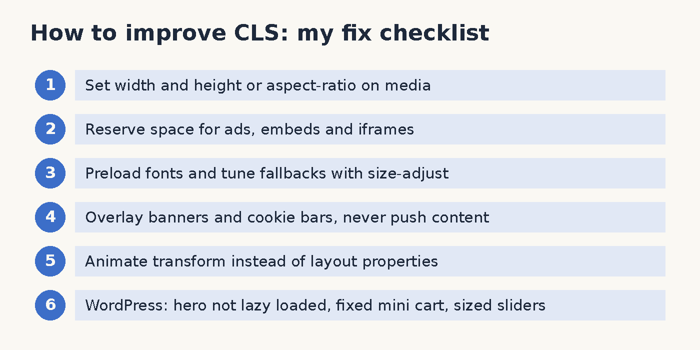 Checklist of six fixes showing how to improve CLS, from image dimensions and reserved ad space to WordPress specifics