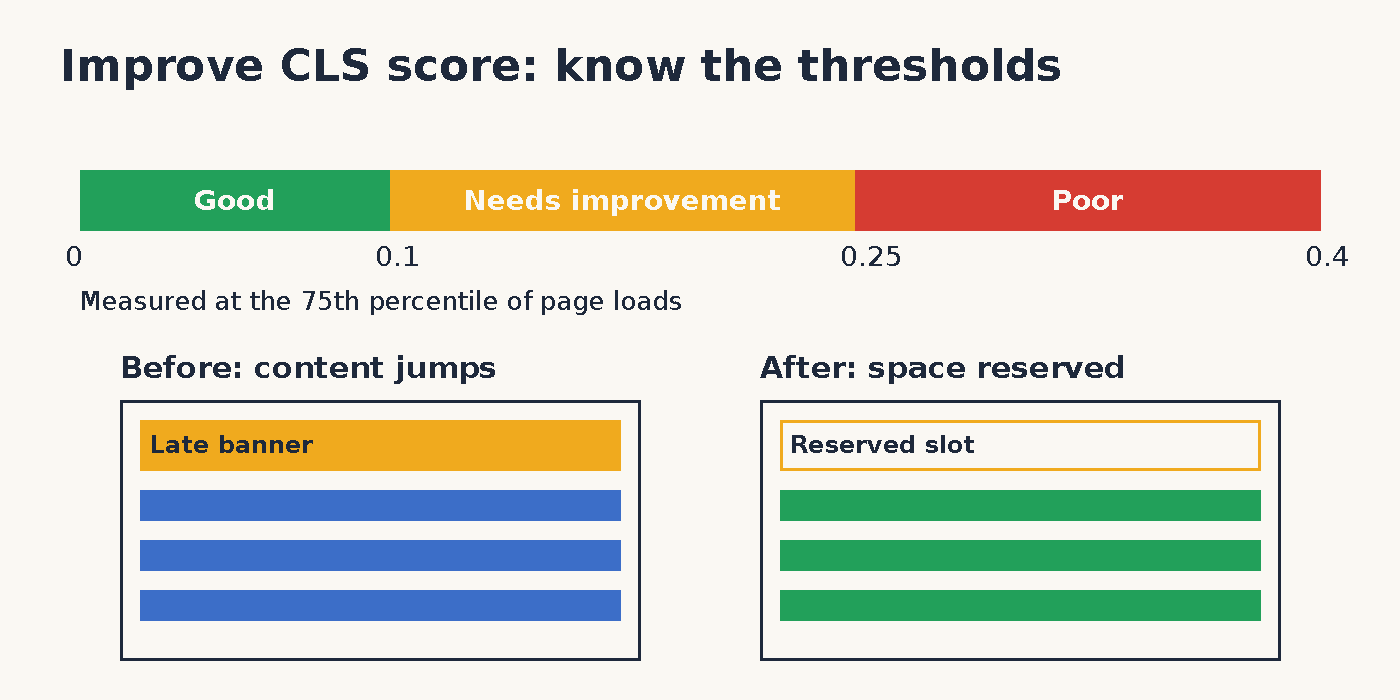 CLS threshold bar showing good up to 0.1 and poor above 0.25, with a layout shift before and after, to improve CLS score