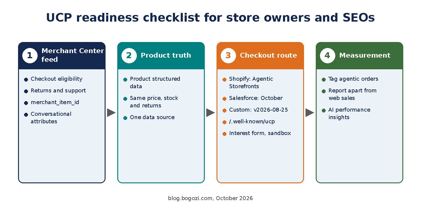 UCP readiness checklist in four steps: Merchant Center feed, product truth, checkout route and measurement